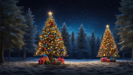 1. Illuminated Christmas Tree at Night with Colorful Lights and Ornaments