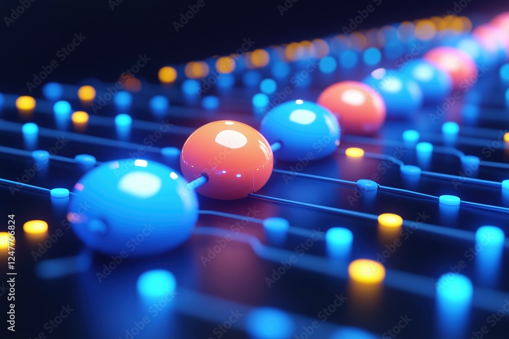 Poster a close-up view of colorful abstract spheres and lines, representing a digital or technological them