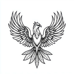 Obraz premium Stylized Black and White Tattoo Design Featuring a Majestic Phoenix with Detailed Wings and Tail