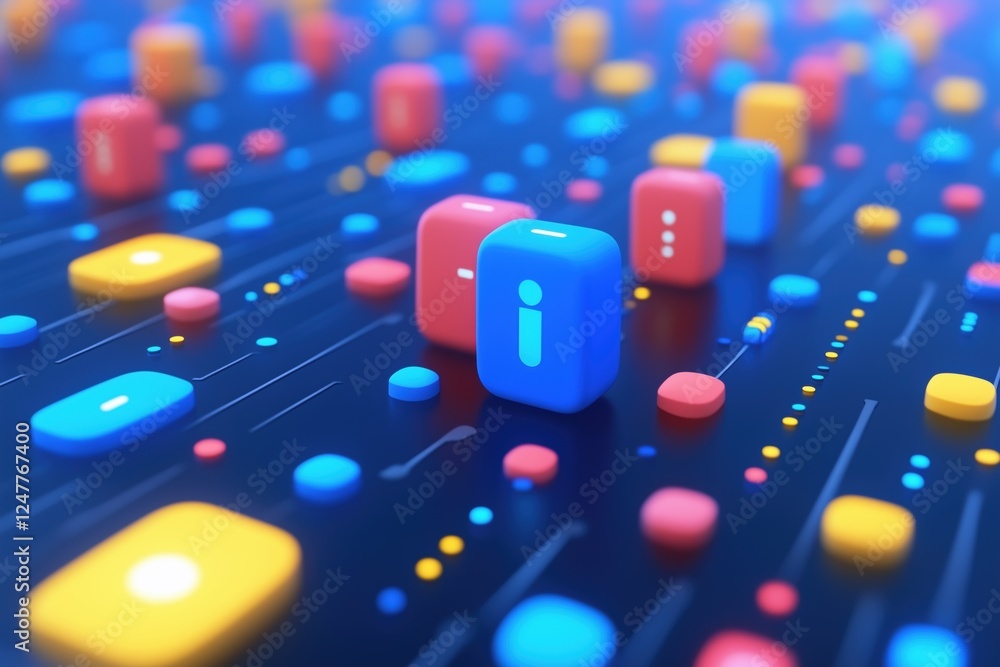 Poster a vibrant digital landscape featuring colorful 3d blocks in various shapes and sizes, with a promine
