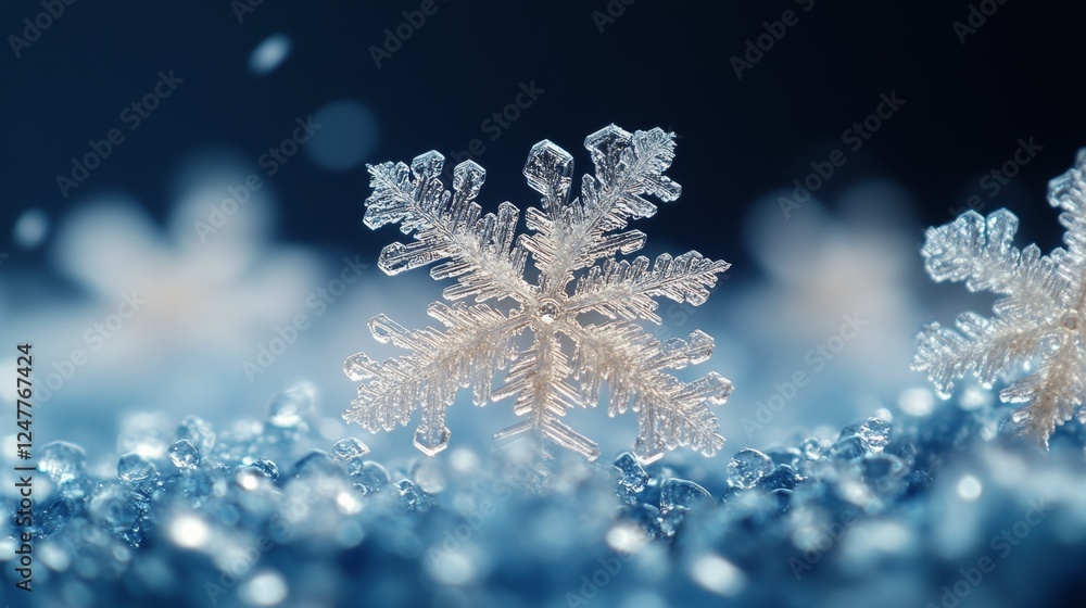 Poster realistic snowflake on blue background with delicate details