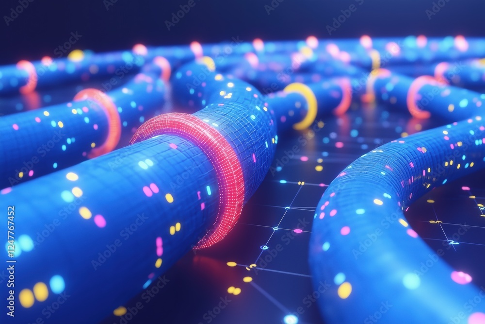 Poster a futuristic digital landscape featuring interconnected blue tubes with glowing nodes in vibrant col