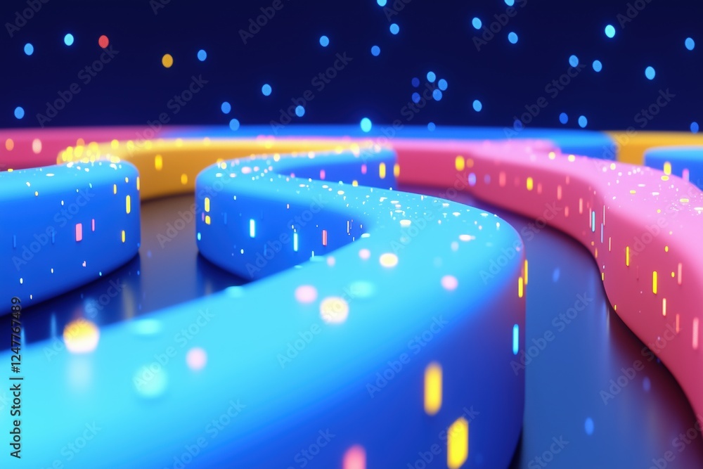 Poster a vibrant, abstract representation of colorful, wavy lines in blue, pink, and yellow, set against a 