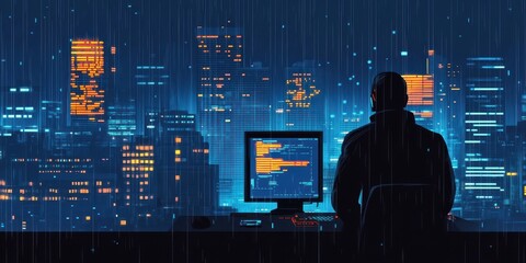 Night City Coder Working Rain Cityscape Background
