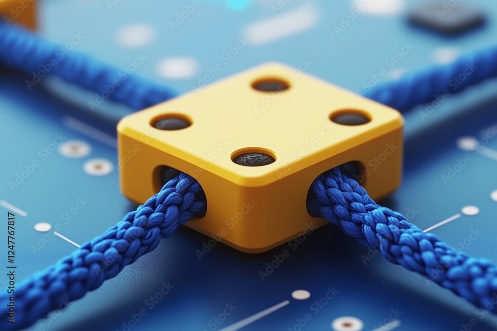 Poster a close-up view of a yellow connector block with blue ropes intertwined, set against a blue backgrou