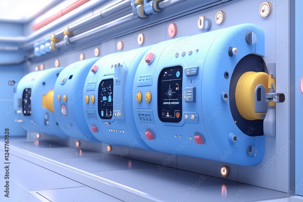 Poster a futuristic control panel with blue cylindrical modules, featuring screens and various buttons and 