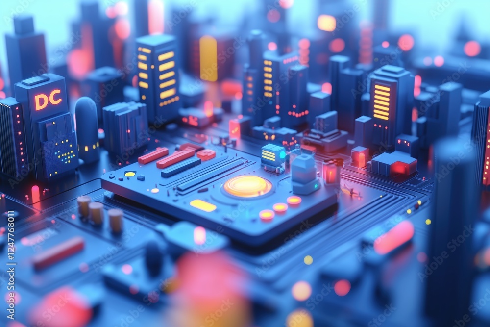 Poster a vibrant, futuristic cityscape featuring stylized buildings and a central circuit board design. the