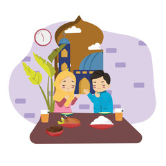 Muslim boy and muslimah girl ifthar ramadhan eating chicken kurma and satai breaking the fast siblings brother and sister