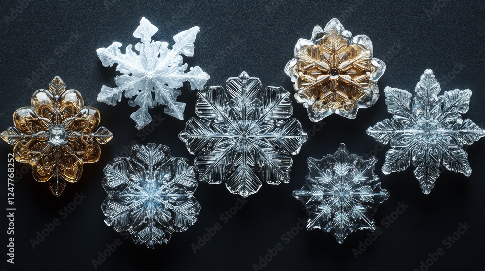 Poster realistic snowflake collection on dark background for winter themes
