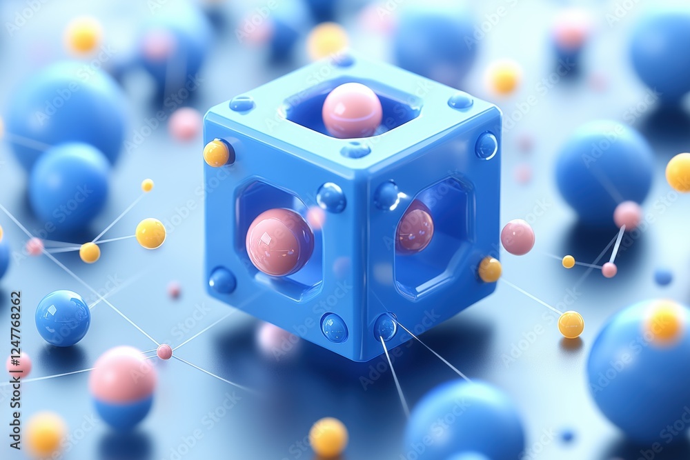 Poster a 3d illustration of a blue cube surrounded by colorful spheres, representing atomic structures and 