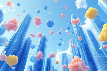 A surreal landscape featuring tall, translucent blue structures resembling skyscrapers, surrounded by colorful, fluffy clouds in shades of pink and yellow, with bubbles floating in a bright blue sky.