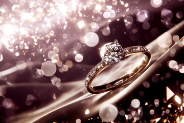 Elegant diamond ring sparkles against a backdrop of shimmering light and soft bokeh.