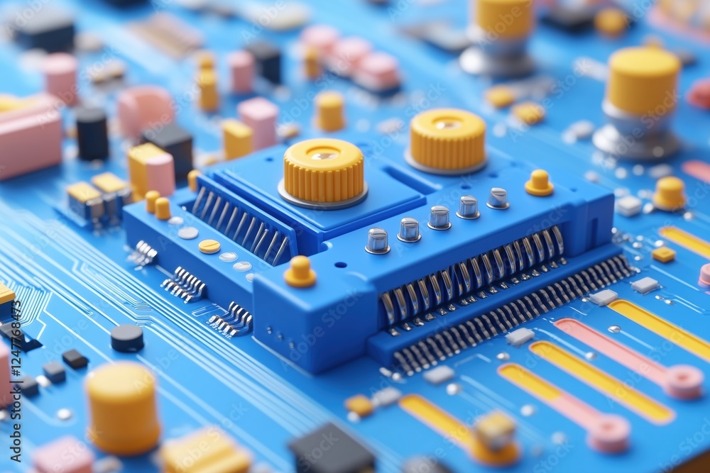 Poster a close-up view of a colorful electronic circuit board featuring various components like resistors, 