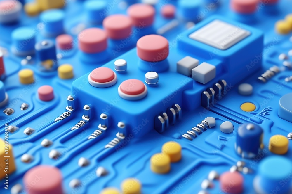 Poster a close-up view of a colorful circuit board featuring various electronic components like buttons, re