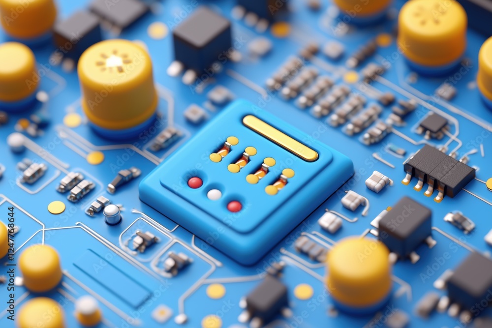 Poster a close-up view of a blue electronic circuit board featuring various components like yellow capacito