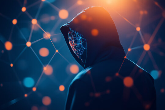 A cybercriminal in a hoodie navigating through digital firewalls with a holographic interface