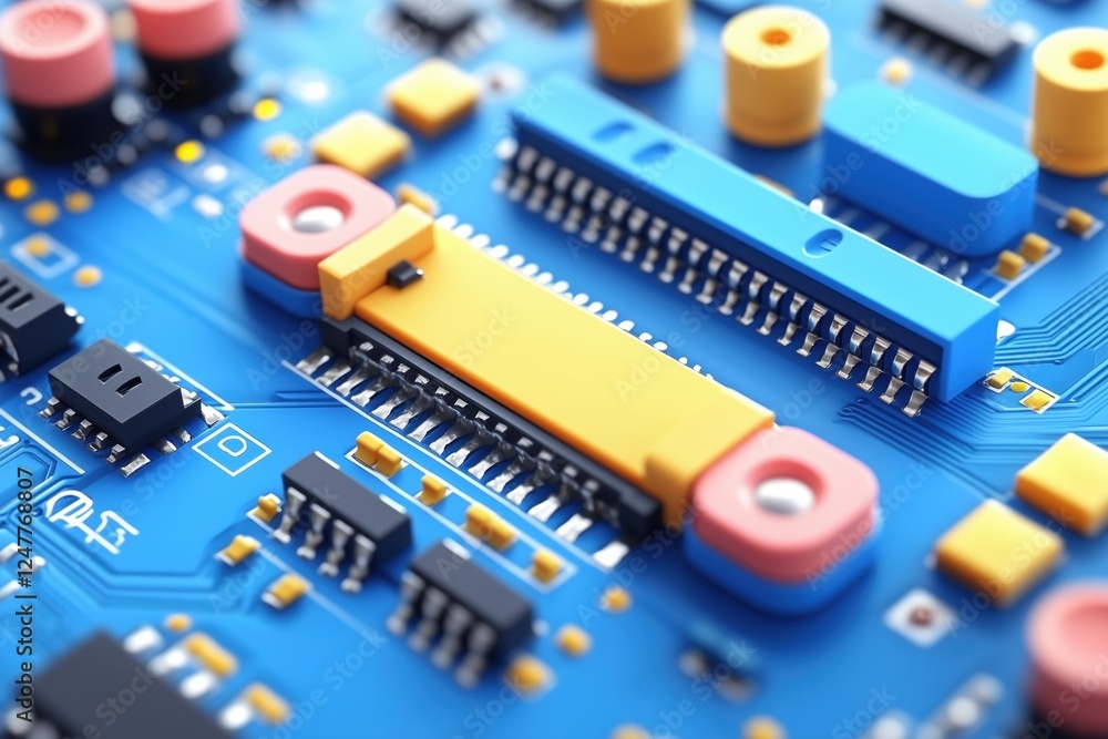 Poster close-up view of a colorful electronic circuit board with various components including capacitors, r