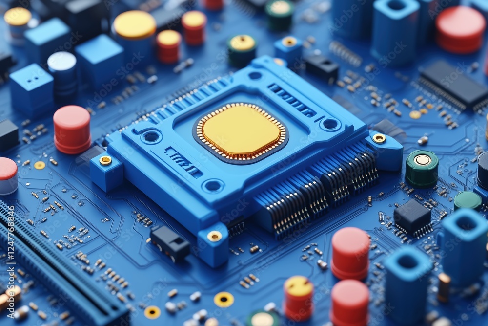 Poster a close-up view of a colorful circuit board featuring a prominent blue microprocessor at the center,