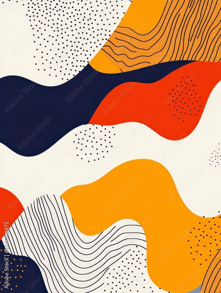 Poster abstract colorful waves with shapes and lines on cream background
