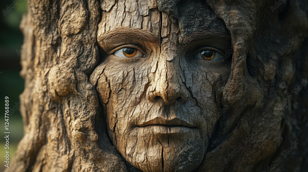 Aufkleber towering tree with human features skillfully carved into its half trunk for artistic display