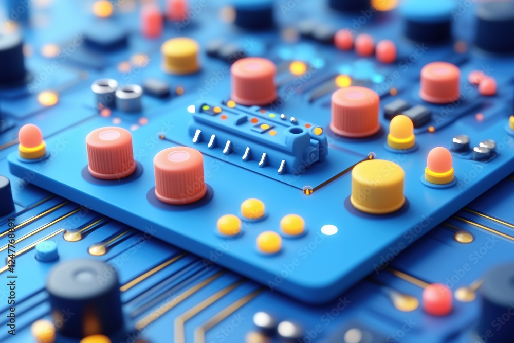 Poster a close-up view of a colorful circuit board featuring various buttons, knobs, and electronic compone