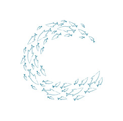 Aquatic fish school pattern. Group of silhouettes in ocean. Underwater scene, chalk texture, swirl design, perfect for marine life themes, educational materials, or aquarium decor.