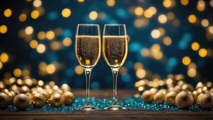 1. **Christmas Celebration Banner: Champagne Glasses, Bokeh Lights, and Festive Sparkles**