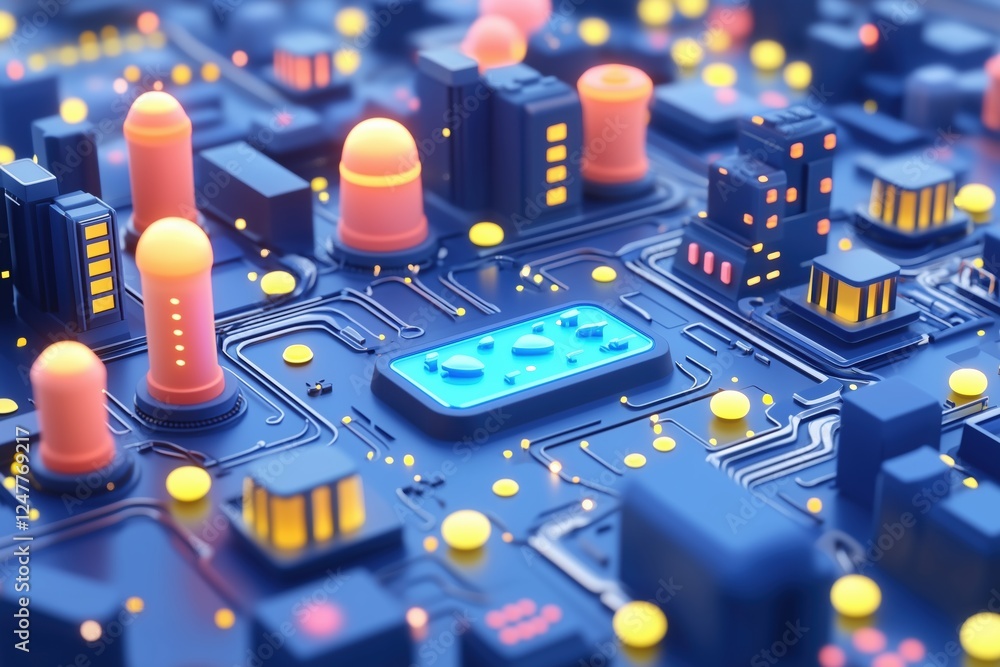 Fototapete a vibrant, futuristic cityscape with glowing buildings and circuit-like patterns. the scene features