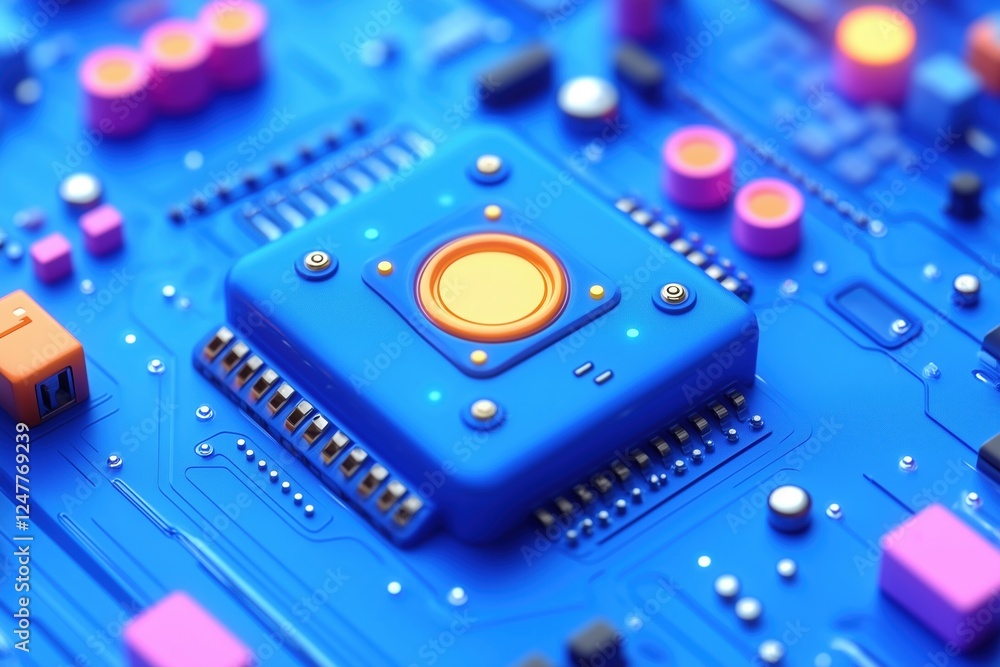 Poster a close-up view of a blue circuit board featuring a central processing unit (cpu) with a shiny gold 