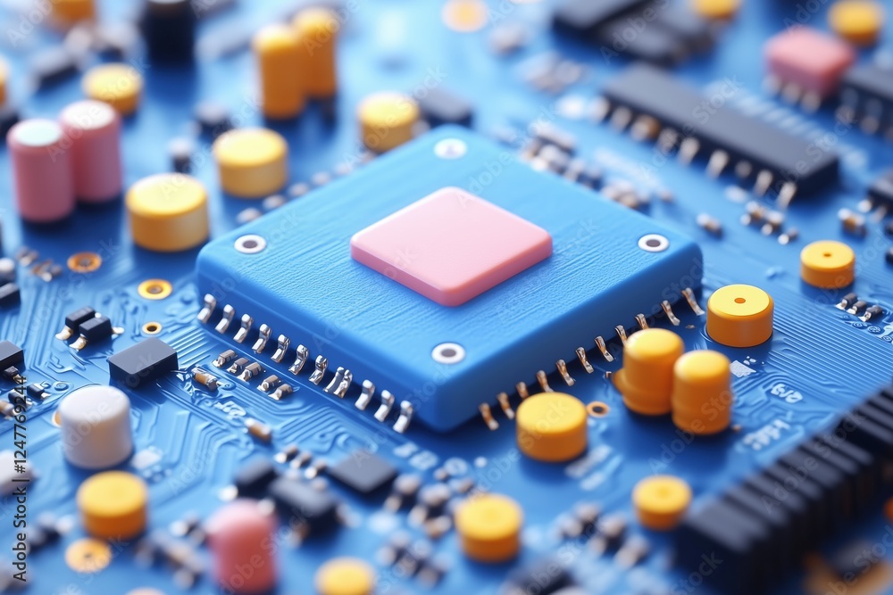 Poster close-up of a blue microchip on a circuit board surrounded by colorful electronic components like ca