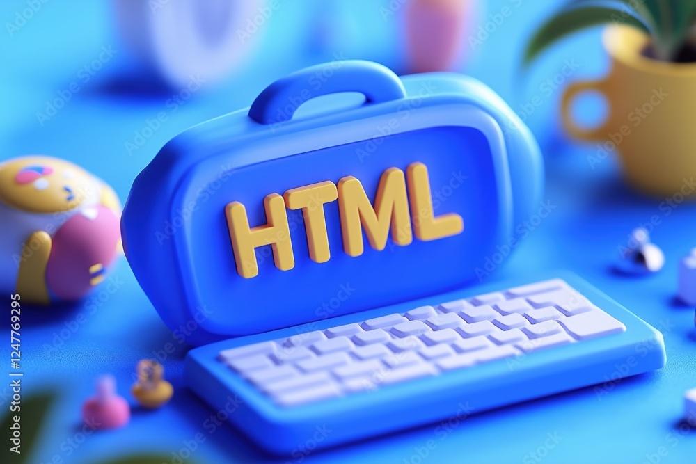 Poster a colorful 3d representation of a blue suitcase with the letters 'html' on it, accompanied by a keyb