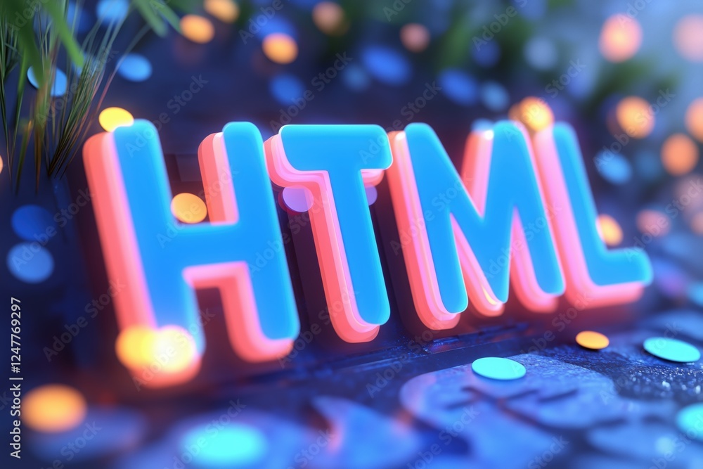 Poster a vibrant 3d representation of the word 'html' illuminated with neon colors, set against a blurred b