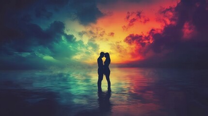Obraz premium Romantic silhouette of couple embracing at sunset over ocean