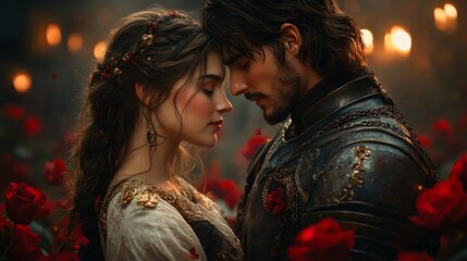 Chivalrous Love Story Knightly Valentine’s Embrace – A warrior couple in medieval a– A brave knight kneeling before his beloved lady in medieval attire, offering a rose, with a romantic castle setting
