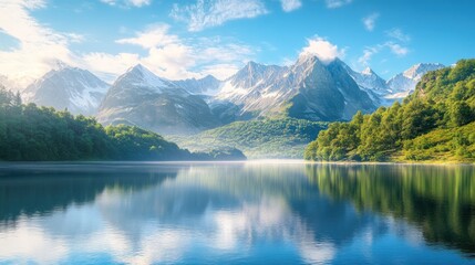 Serene mountain lake reflecting sunrise, tranquil alpine scenery, perfect for relaxation