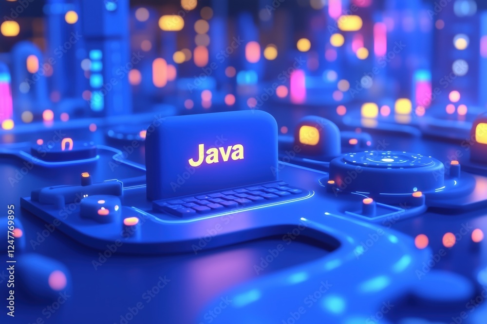 Fototapete a vibrant, futuristic cityscape with glowing buildings and a prominent laptop displaying the word 'j