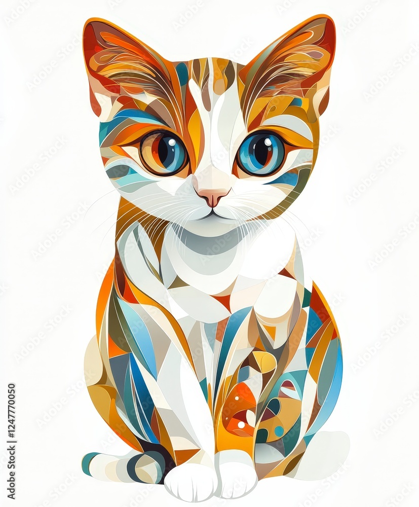 Poster colorful abstract art of a cat with striking features and patterns