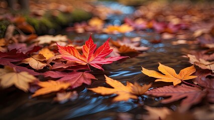 A swirling pattern of vibrant autumn leaves in shades of red and orange,