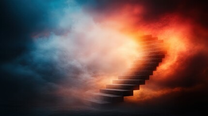 Obraz premium An abstract staircase emerges from vibrant mist and colorful clouds, inviting viewers to ponder the mysteries of existence and the allure of the unknown, evoking wonder and imagination.