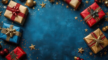 Embrace the patriotic atmosphere of USA's Independence Day. glistening stars and gift boxes adorned in USA flag motifs against a blue backdrop that invites text or ads.