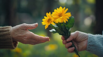 elderly hands exchanging flowers symbol of kindness and care
