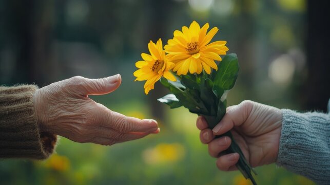 elderly hands exchanging flowers symbol of kindness and care