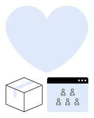 Blue heart symbol above a shipping box and a browser window with user avatars. Ideal for e-commerce, teamwork, community, logistics, online platforms, customer service, abstract line flat metaphor
