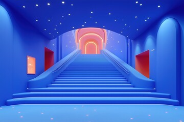 A vibrant blue staircase leads to an illuminated archway, creating a surreal and inviting...