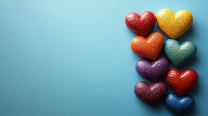 Embracing diversity. Vibrant hearts are arranged on soft blue, embodying solidarity and perfect for promoting inclusivity during Pride Month. Plenty of space for social captions or advertising.