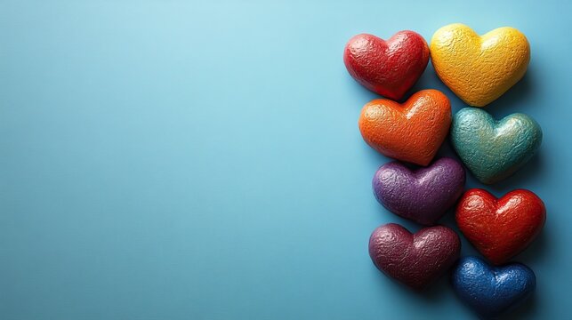 Embracing diversity. Vibrant hearts are arranged on soft blue, embodying solidarity and perfect for promoting inclusivity during Pride Month. Plenty of space for social captions or advertising.