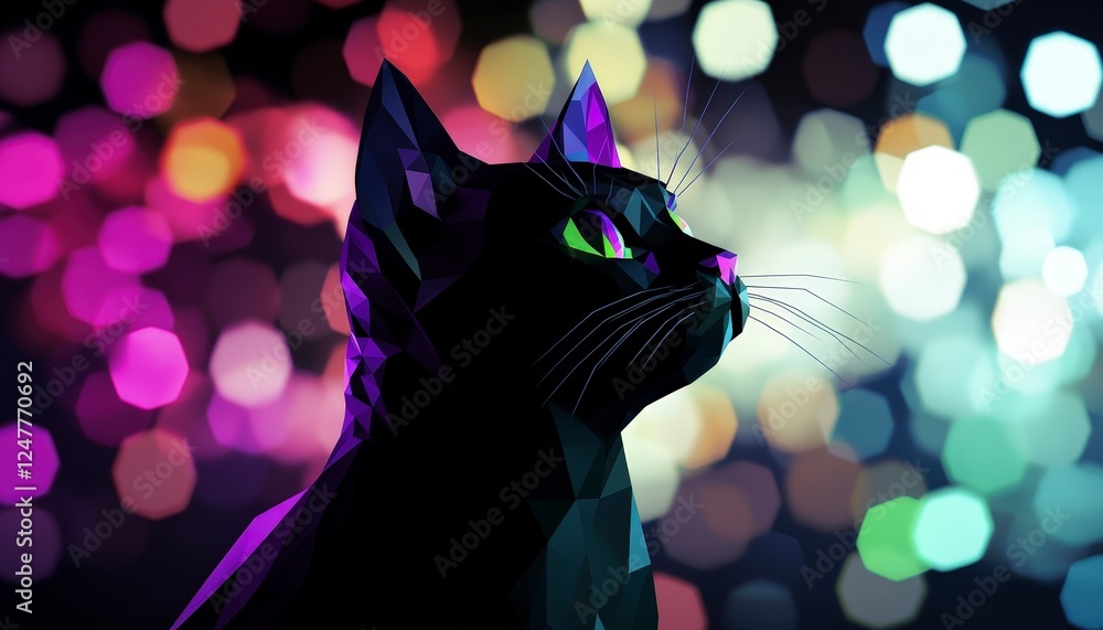 Poster abstract polygonal black cat with colorful bokeh background