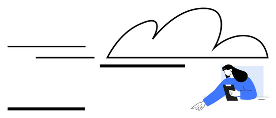 Black cloud outline with abstract lines paired with a woman holding a clipboard pointing thoughtfully. Ideal for tech, collaboration, data storage, analysis, creativity, planning, abstract line flat