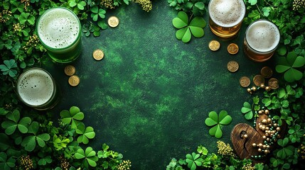 Expansive St. Patrick's Day imagery A sideways glance at frothy beer, green clovers, gold coins, a lucky horseshoe, a leprechaun's bow tie, and beads, all set against a verdant background.