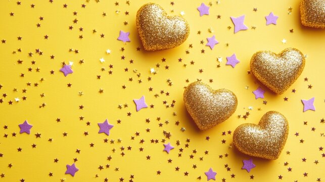 gold glitter hearts on yellow background with stars